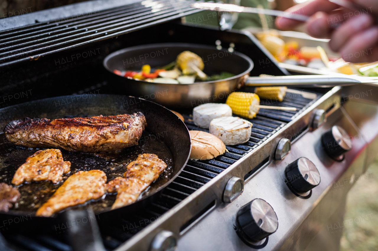 Meat, sausages and cheese on the grill. Family celebration outside in the backyard. Big garden party.