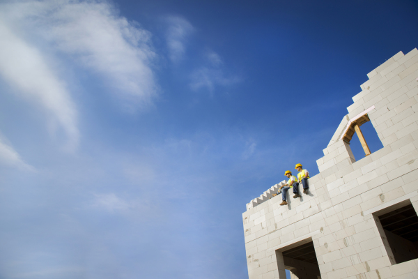 Two builders working on building.