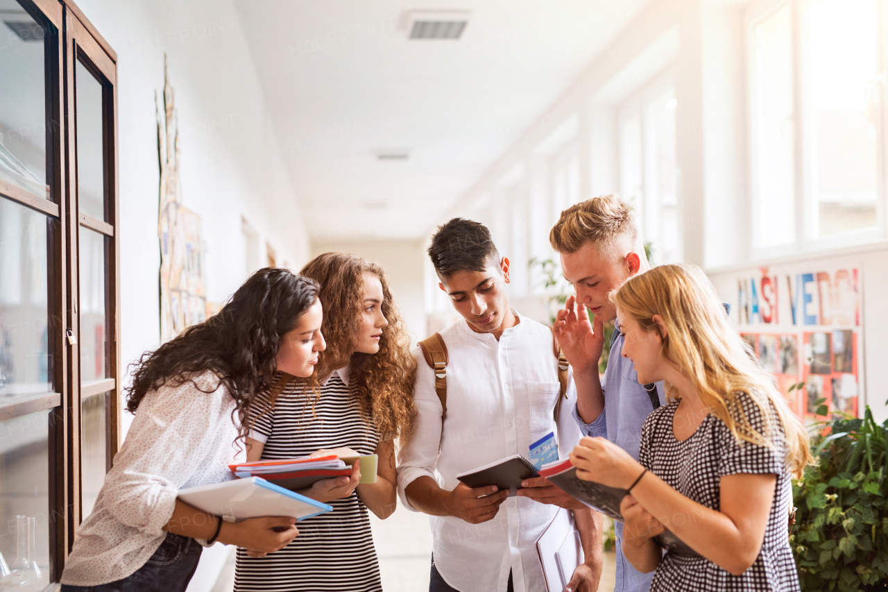 Group attractive teenage students in high school hall, talking together.