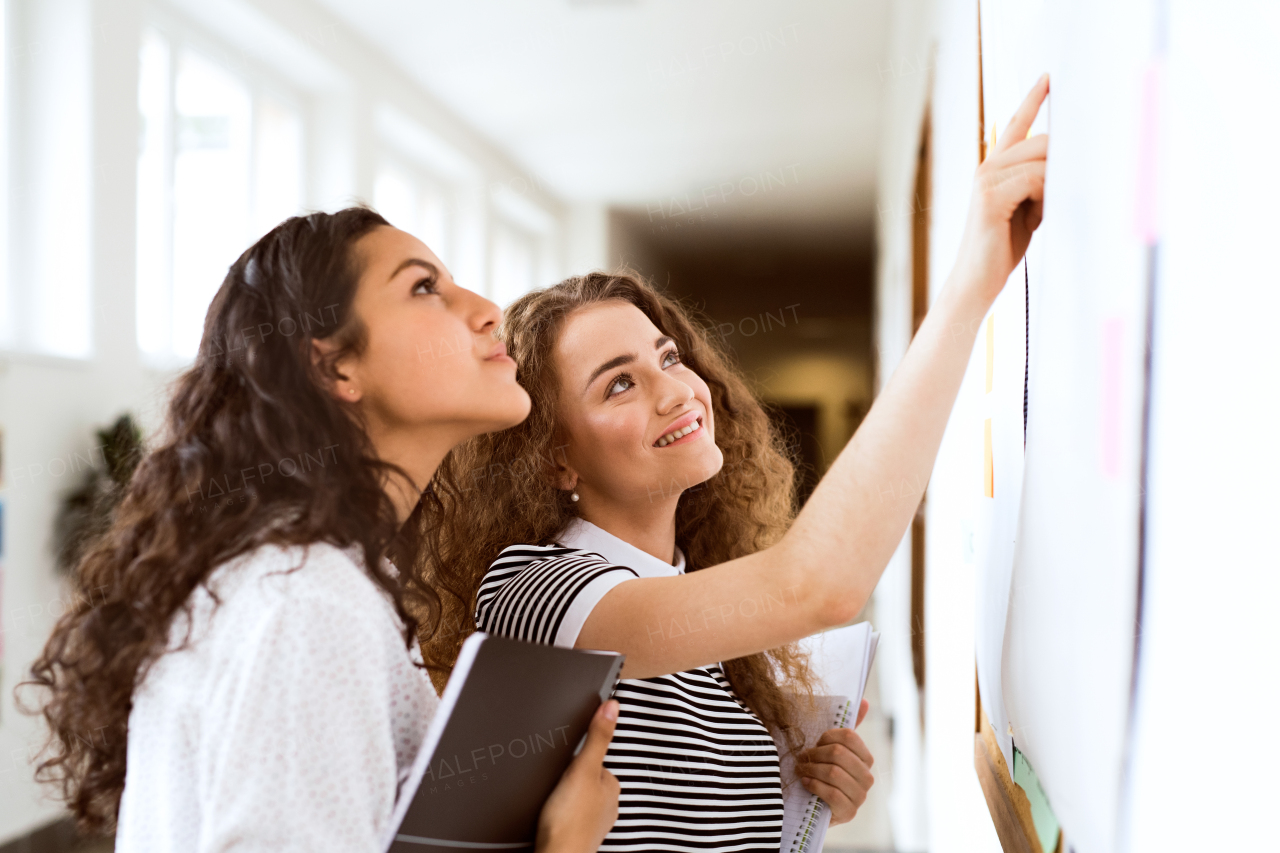 Two attractive teenage girls in high school hall during break reading something on notice board.