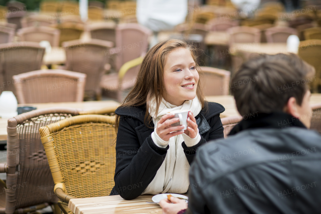 Beautiful young couple in city.