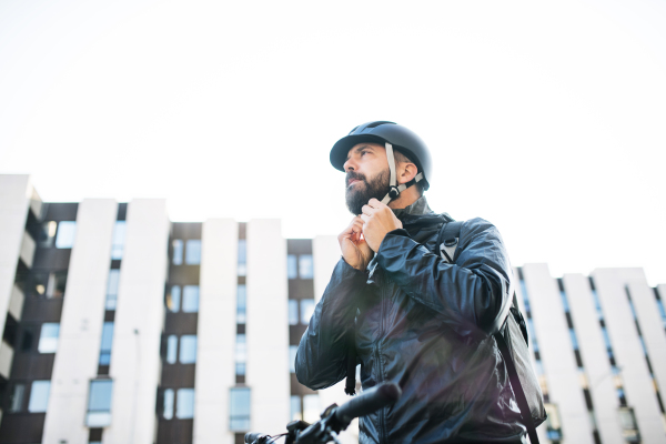 Male courier with bicycle putting on a helmet when delivering packages in city. Copy space.