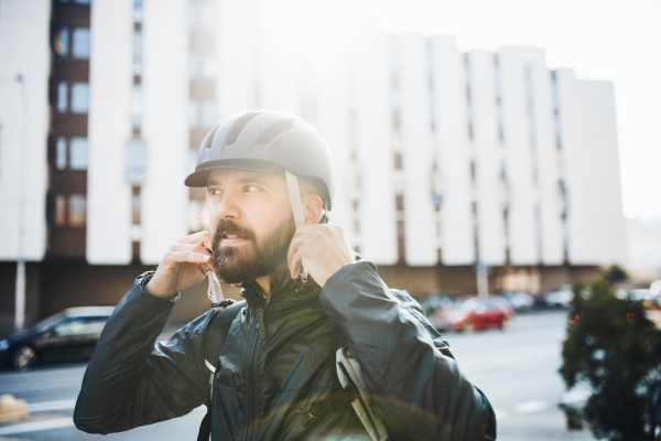 Male hipster courier putting on a helmet when delivering packages in city.