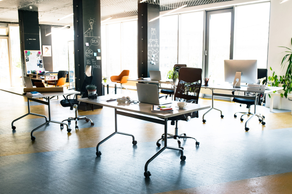 Big bright empty modern office after work. The interior of working office space.