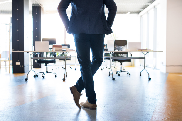 Unrecognizable businessman standing in his office. Rear view.