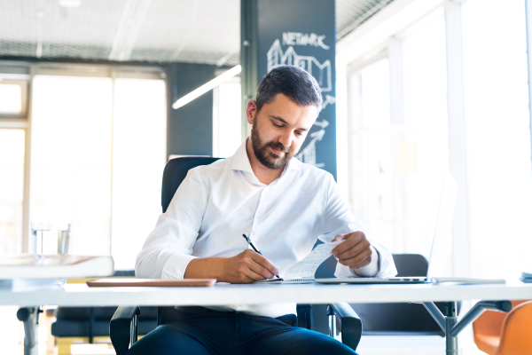 Handsome young businessman working in his office, laptop in front of him, writing into the notebook.