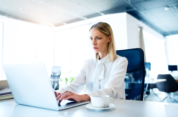 Beautiful young businesswoman in her office, sitting at the desk with a laptop, working.