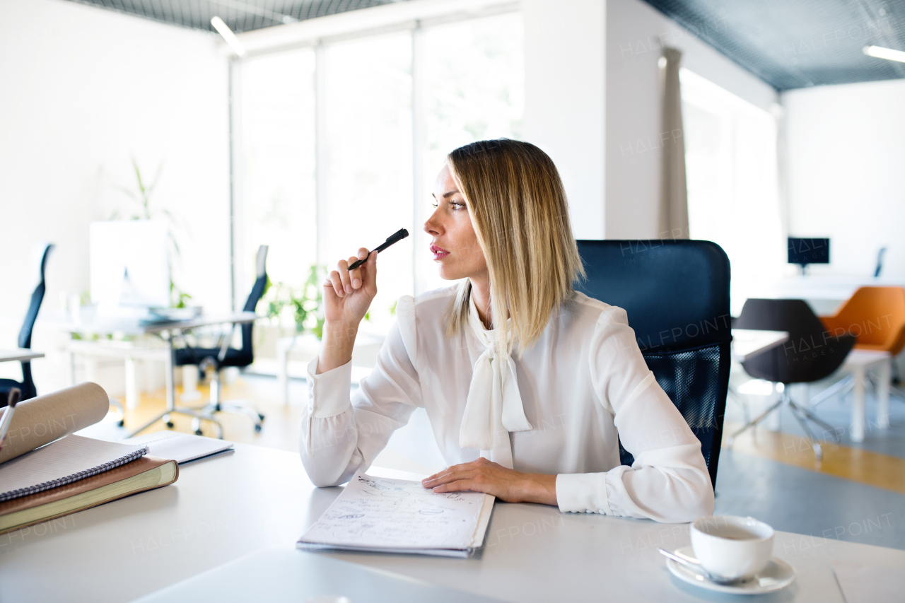 Beautiful young businesswoman in her office, sitting at the desk, writing something into her notebook.