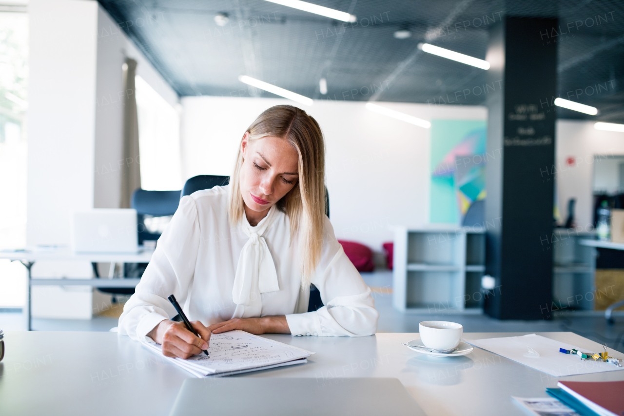 Beautiful young businesswoman in her office, sitting at the desk, writing notes or goals into her notebook.