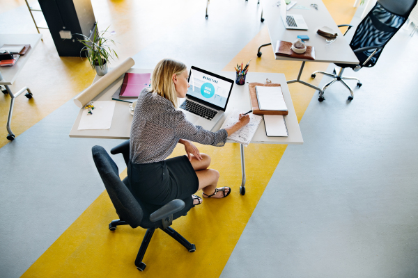 Beautiful young businesswoman with laptop in her office, sitting at the desk, working.