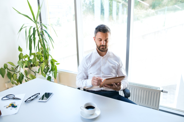 Handsome young businessman with a tablet in his office, sitting at the desk, working.