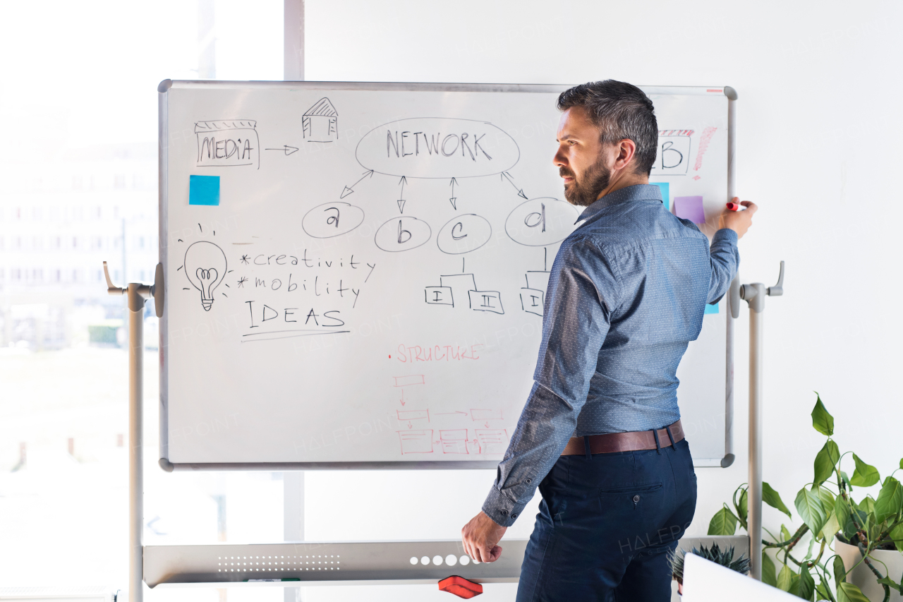 Handsome young businessman with gray hair in the office writing notes on whiteboard, setting goals.