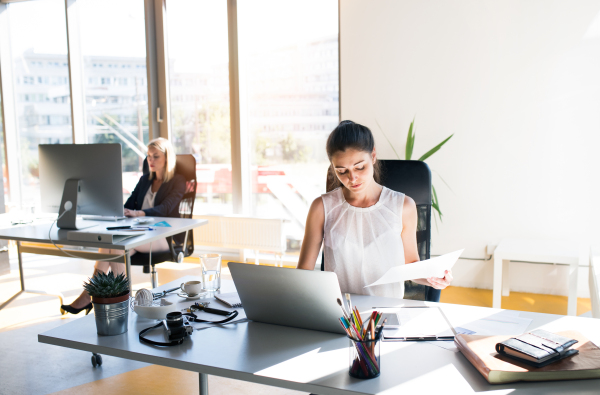 Two businesswomen in the workplace. Two women sitting in the office working together.