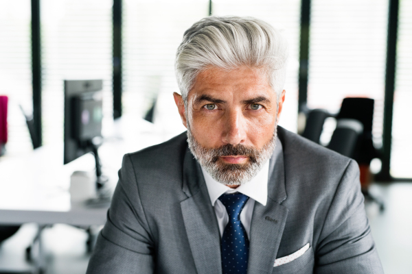 Mature businessman in gray suit sitting at desk in the office.