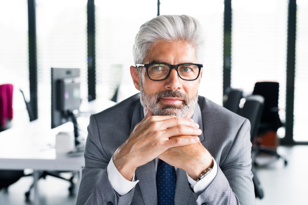 Mature businessman in gray suit sitting at desk in the office.