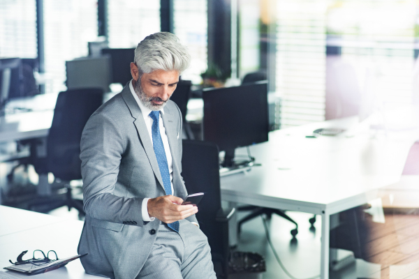 Mature businessman in the office with smartphone texting.