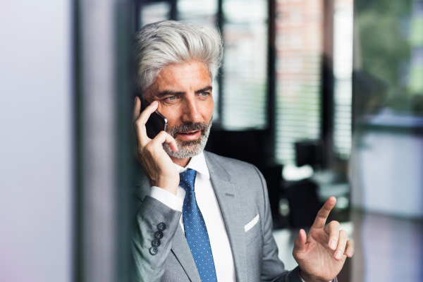 Mature businessman in gray suit in the office standing at the window holding smartphone making phone call.