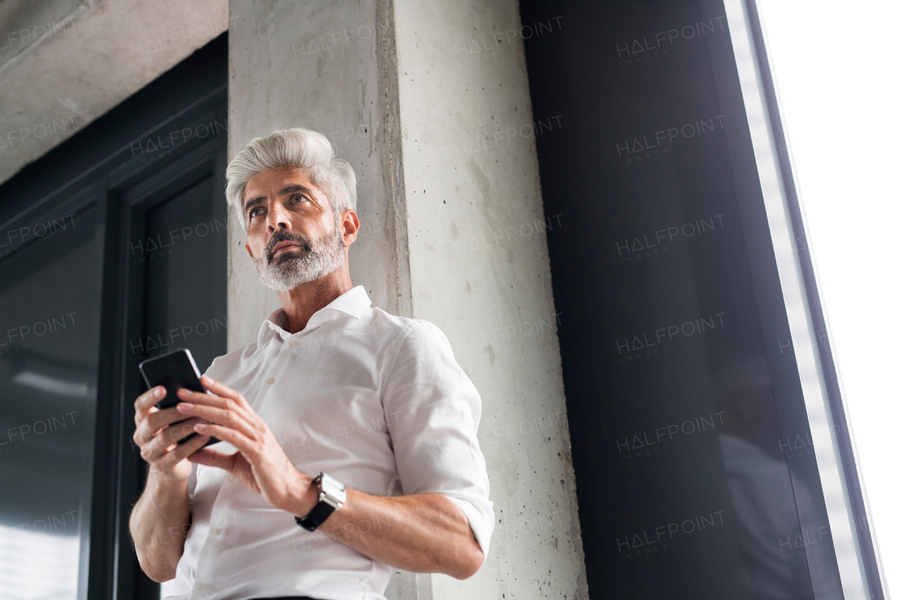 Mature businessman in white shirt in the office standing, holding a smartphone, texting.