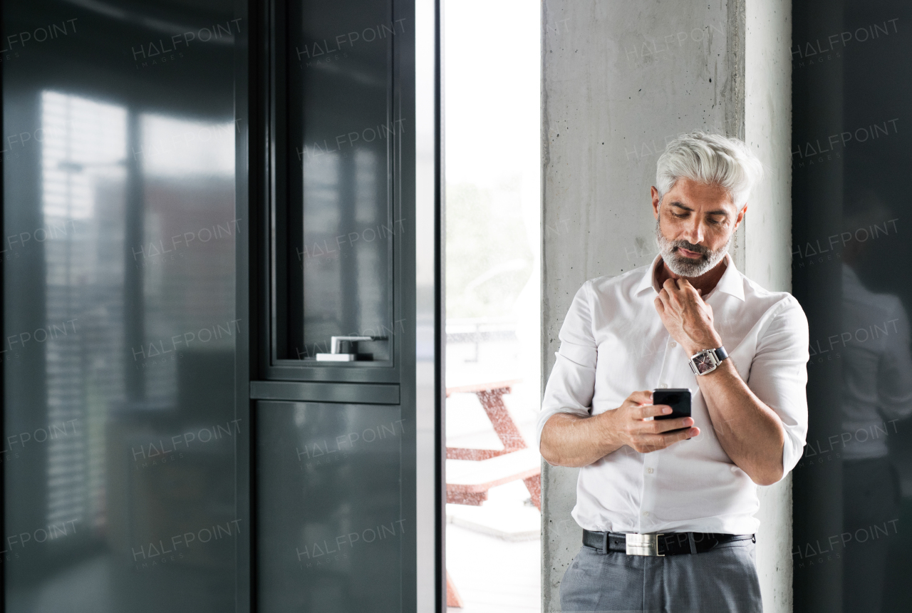 Mature businessman in white shirt in the office standing. Man holding smartphone, texting.