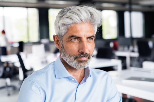 Thoughtful mature businessman with gray hair in the office wearing a blue shirt.