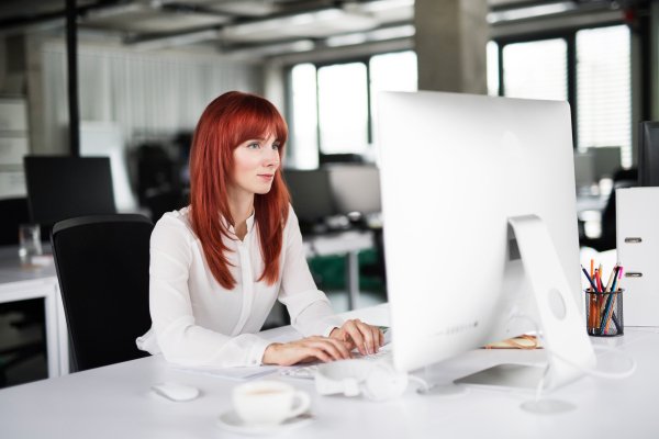 Beautiful young businesswoman with computer in her office, sitting at the desk, working.