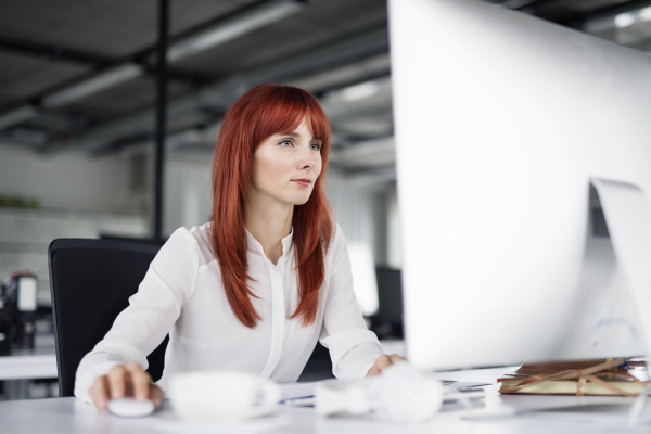 Beautiful young businesswoman with computer in her office, sitting at the desk, working.