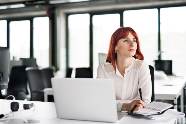 Beautiful young businesswoman with computer in her office, sitting at the desk, working.