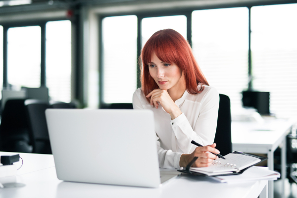 Beautiful young businesswoman with laptop in her office, sitting at the desk, working.