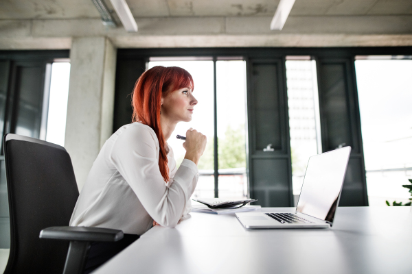 Beautiful young businesswoman with laptop in her office.