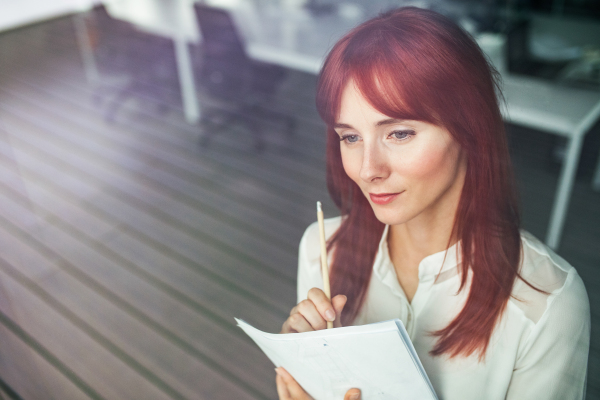 Beautiful young businesswoman in her office working, taking notes.