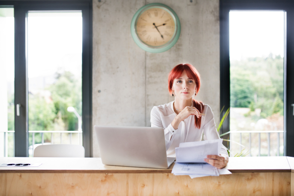 Beautiful businesswoman with laptop in her office.