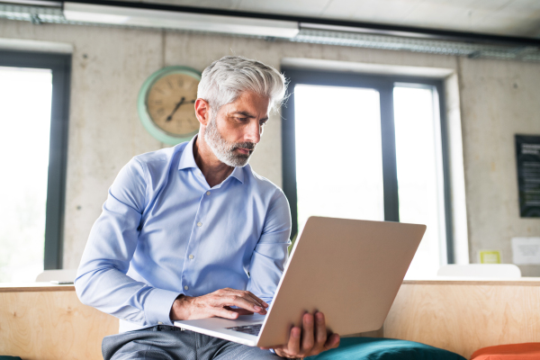 Mature businessman with laptop at the desk in creative office, reading documents.