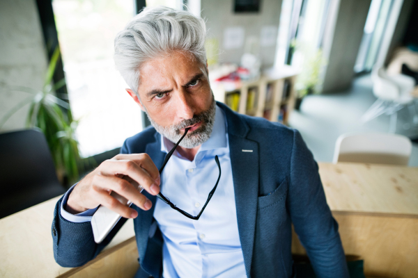 Mature businessman in blue suit sitting at desk in the office.