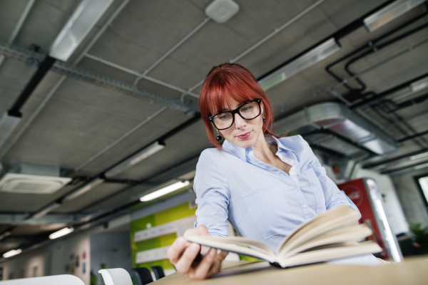 Beautiful young businesswoman working in her office, reading a book.