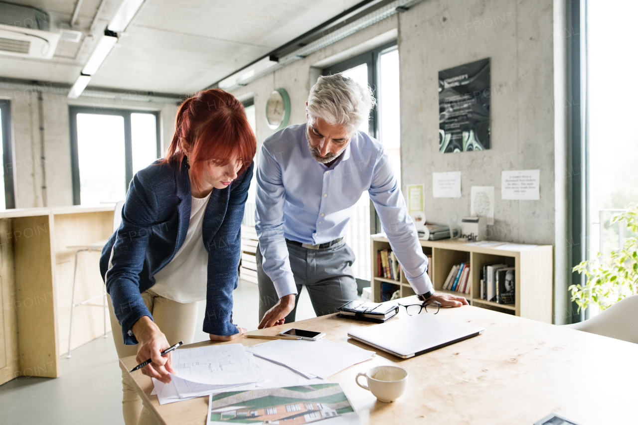 Two business people in creative office discussing a project together.