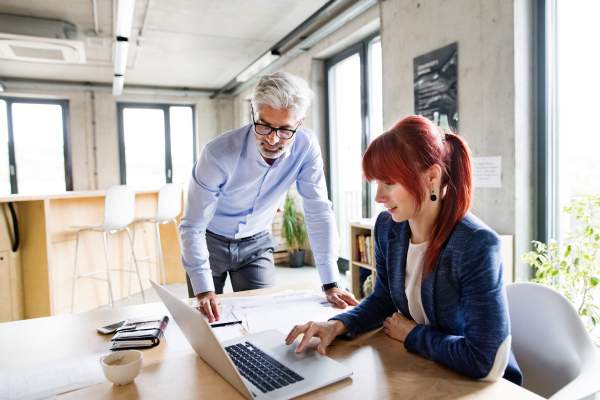 Two business people with laptop in the workplace. Woman and man sitting in the office discussing a project.