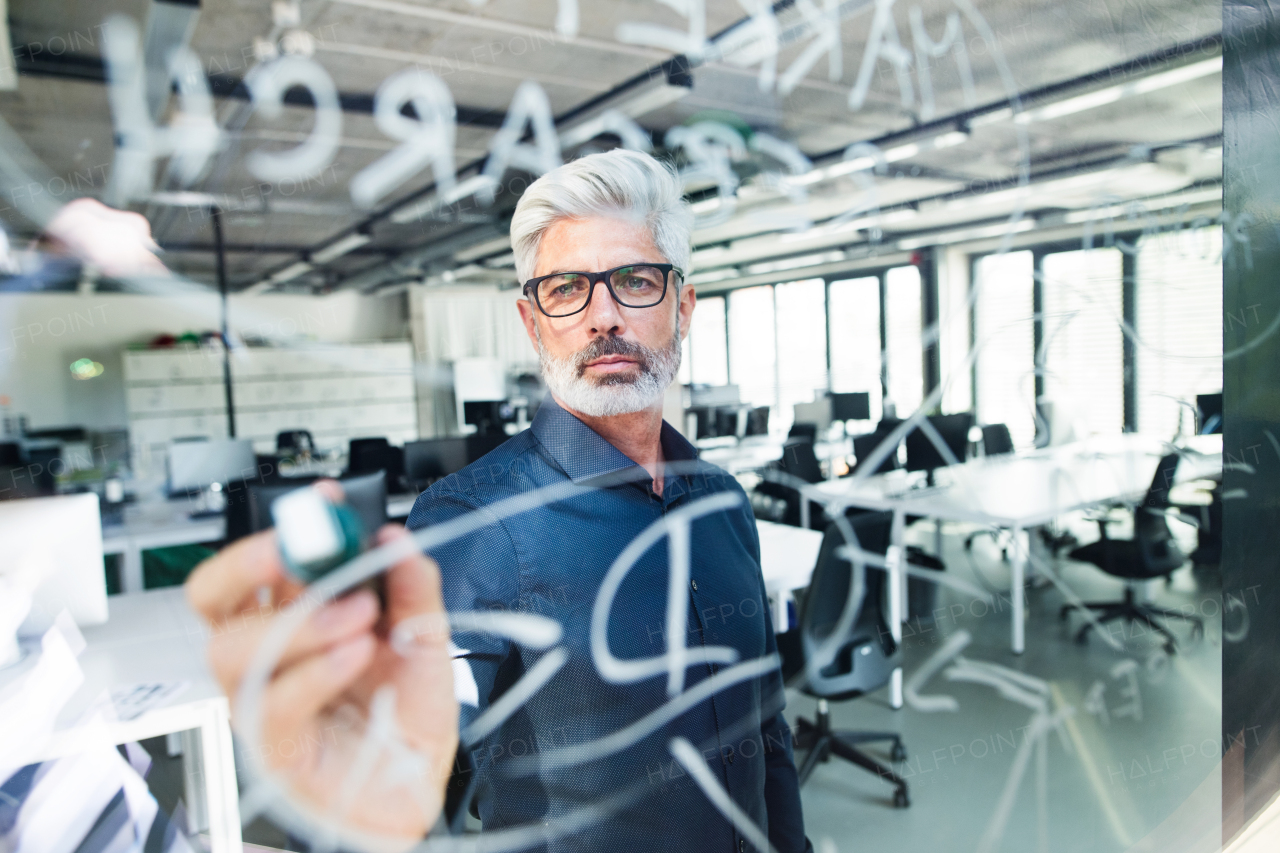 Handsome mature businessman with gray hair in the office writing notes, setting goals. Shot through glass.