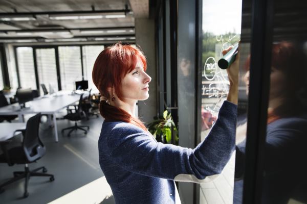 Beautiful young businesswoman in her office writing notes on window, setting goals.