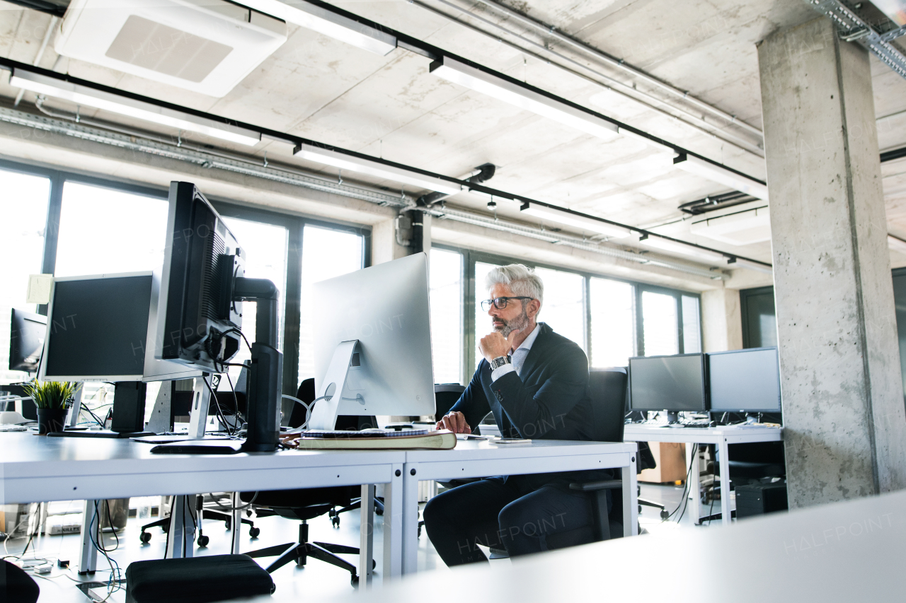 Mature businessman in gray suit sitting at desk in the office.