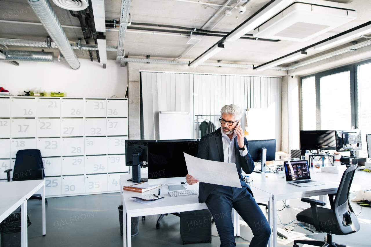 Mature businessman sitting on desk in the office, reading documents, making a phone call.