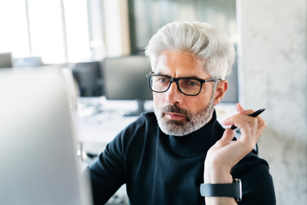 Handsome mature businessman working in the office sitting at the desk with computer.