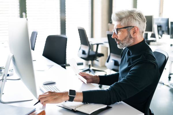 Handsome mature businessman in the office sitting at the desk with computer working.