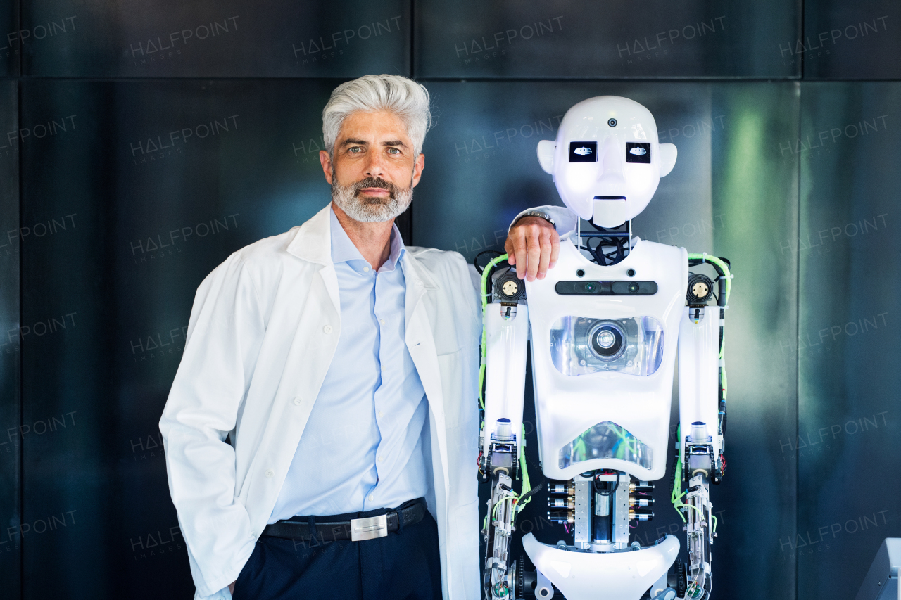 Mature businessman or a scientist with gray hair with a robot.