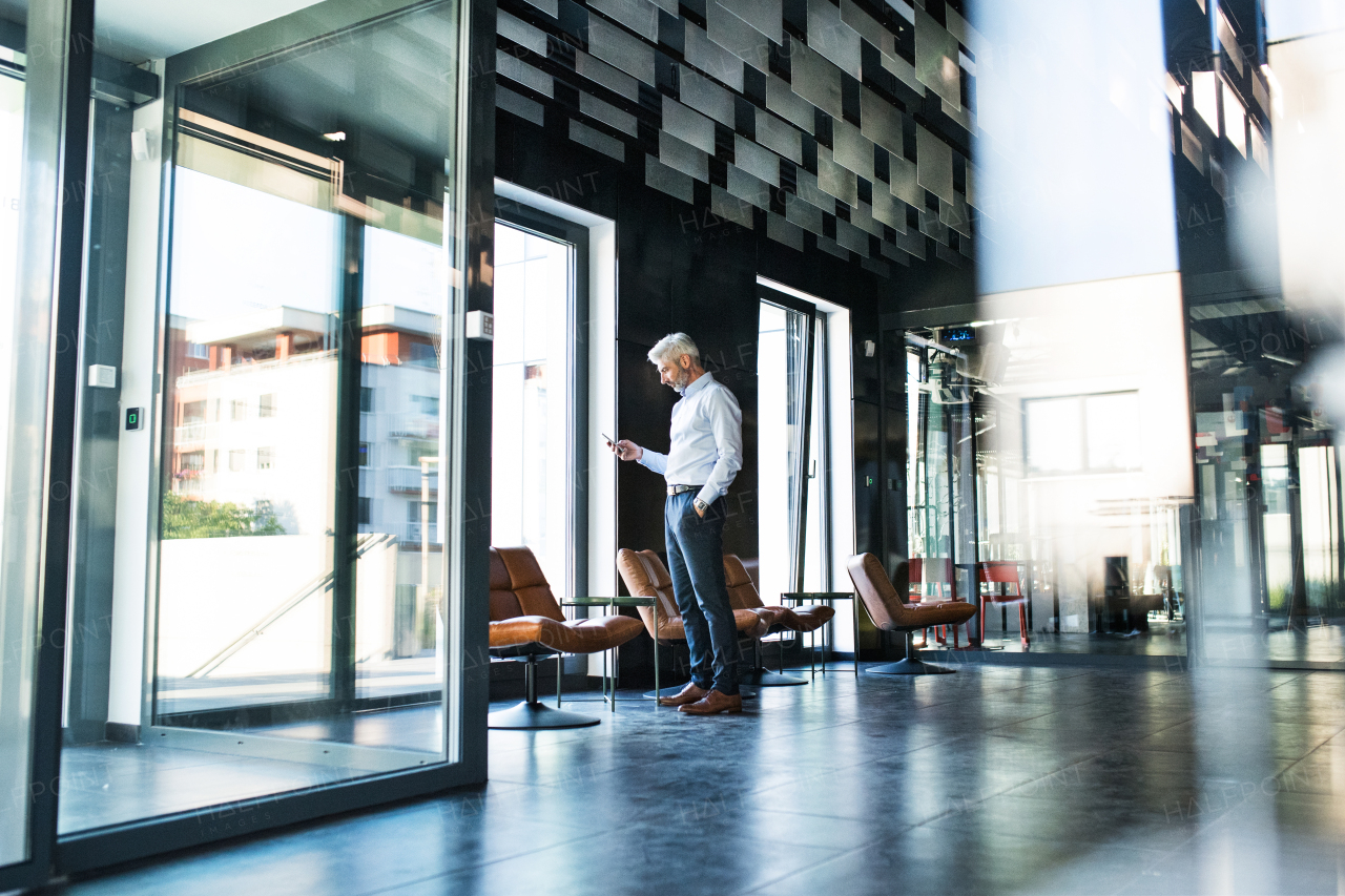 Mature businessman in white shirt in the office standing, holding smartphone, texting.