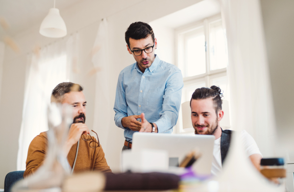 Group of young, cheerful, male and female businesspeople with laptop working together in a modern office.