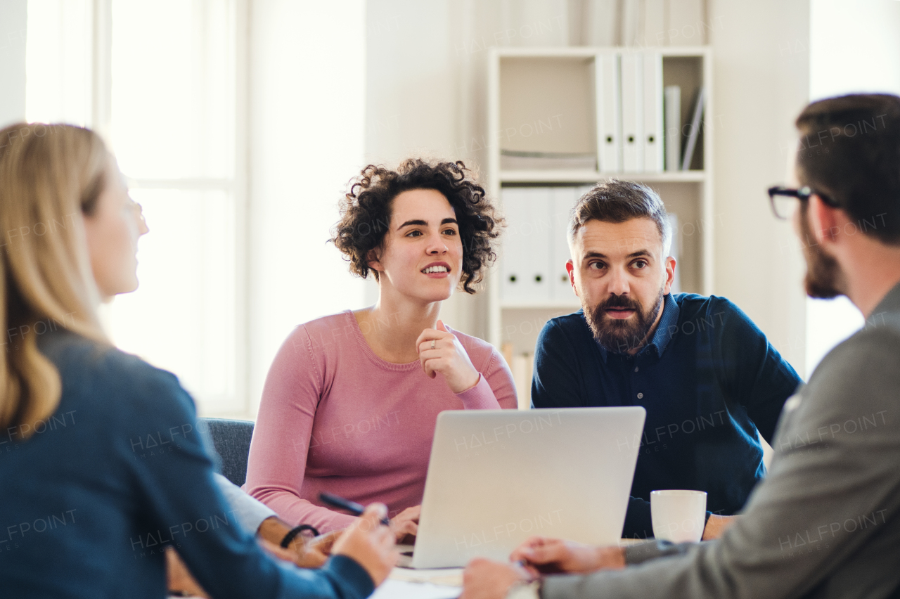 Group of young, cheerful, male and female businesspeople with laptop working together in a modern office.