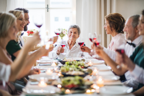 A big family sitting at a table on a indoor birthday party, clinking glasses with red wine.