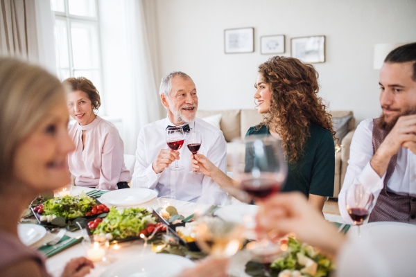 A big family sitting at a table on a indoor birthday party, clinking glasses with red wine.