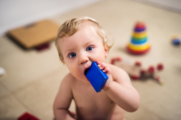 A naked toddler boy sitting on the floor at home, playing with wooden blocks.