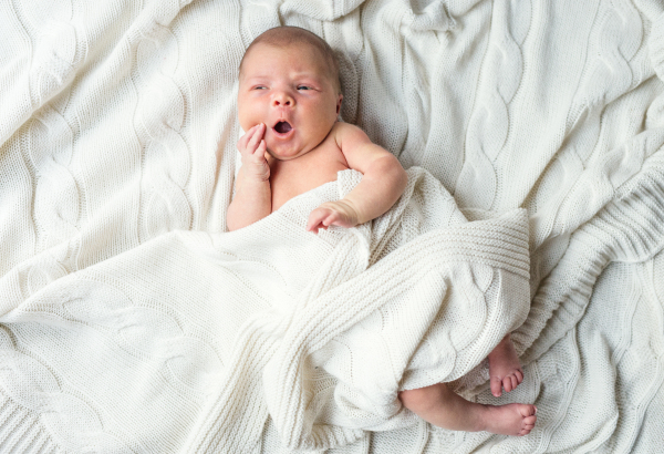 Cute newborn baby with mouth open lying on bed, covered by a white blanket. Top view.